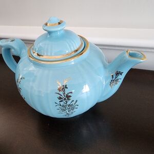 Vintage Pearl China Co Hand Decorated 22KT Gold Trim Teapot Robin Egg Blue MCM